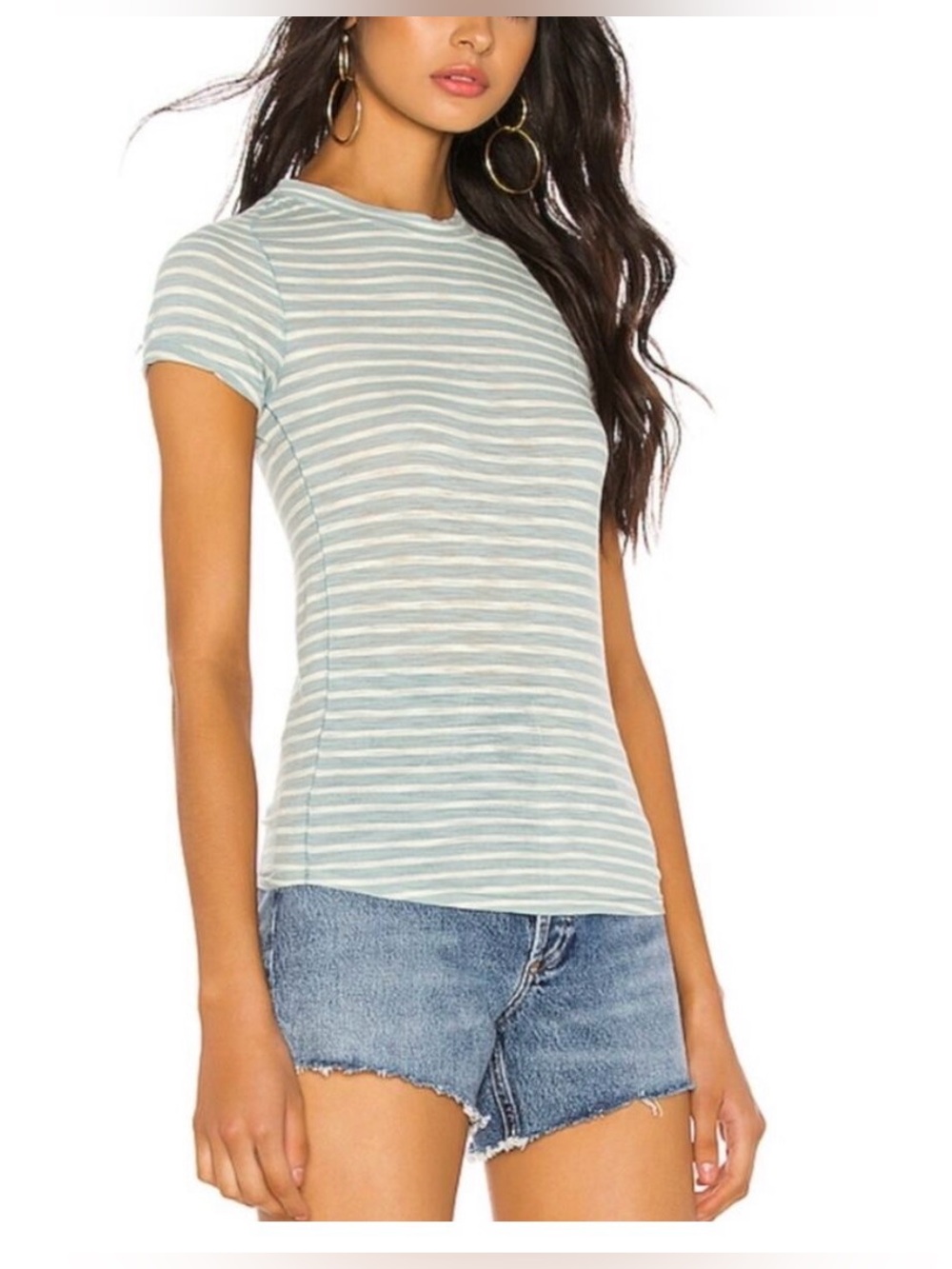 Free People Thin Striped Tee in Light Blue and White